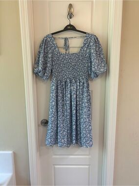 Blue Floral Puff Sleeve Smocked Dress